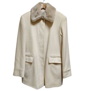KolKem Coat Women Sz L Cream Angora Blend Detachable Fur Collar Button Placket